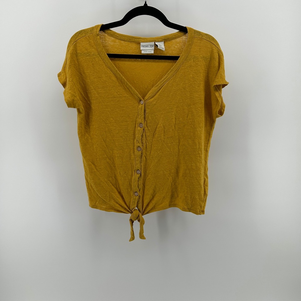 Rachel Zoe Mustard Yellow 100% Linen Top Med Coastal Boho Minimalist Resortwear